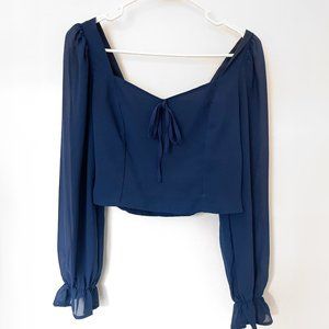 Blue Long Sleeve Crop Top with Smock back